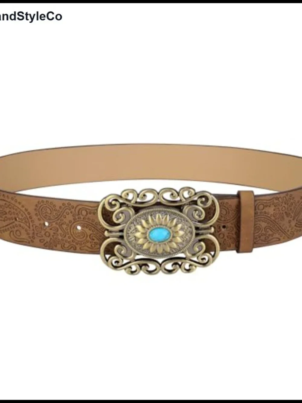 Vintage Western Leather Belt Floral Turquoise Buckle Faux Leather